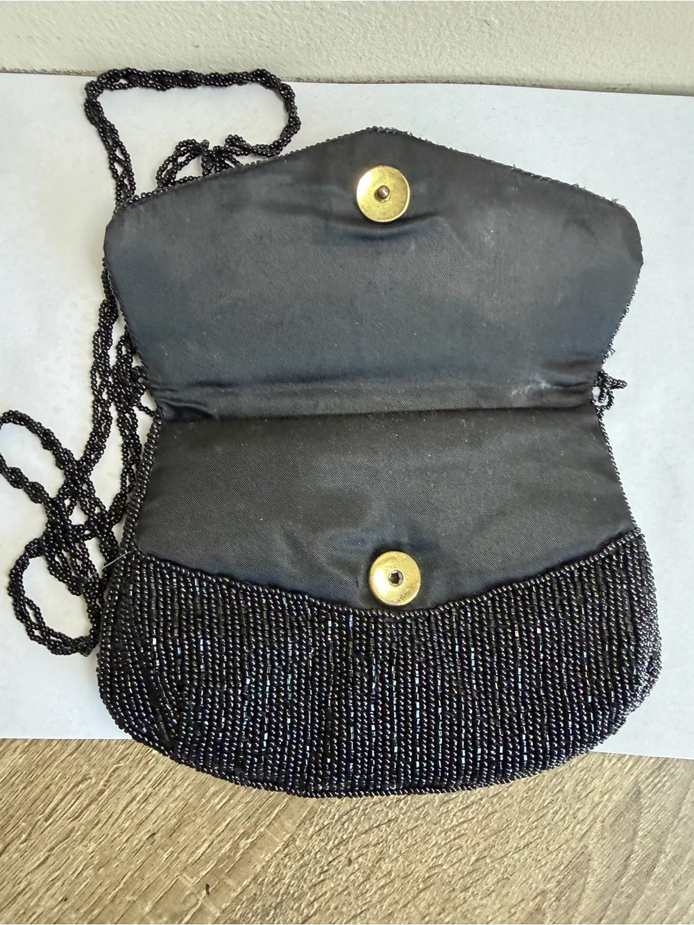 Black Beaded Evening Clutch with Braided Strap